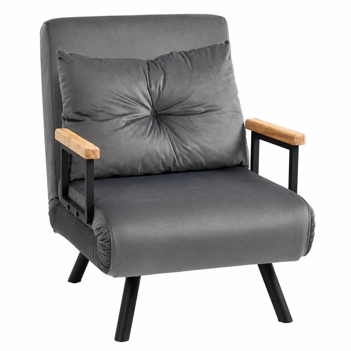 Canapé convertible, 1 place, réglable, rembourré, en velours et tissu, coloris gris, pour le salon ou la chambre d’amis