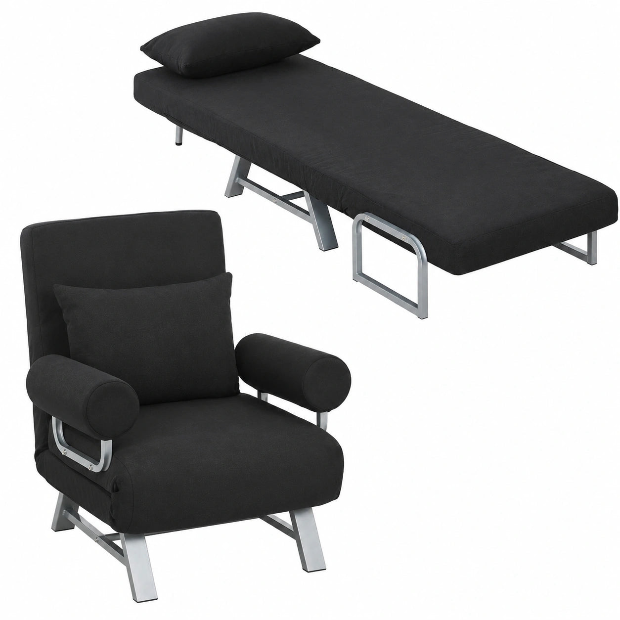 Canapé convertible, en métal et lin, 1 place, coloris noir, pour le salon ou la chambre d’amis