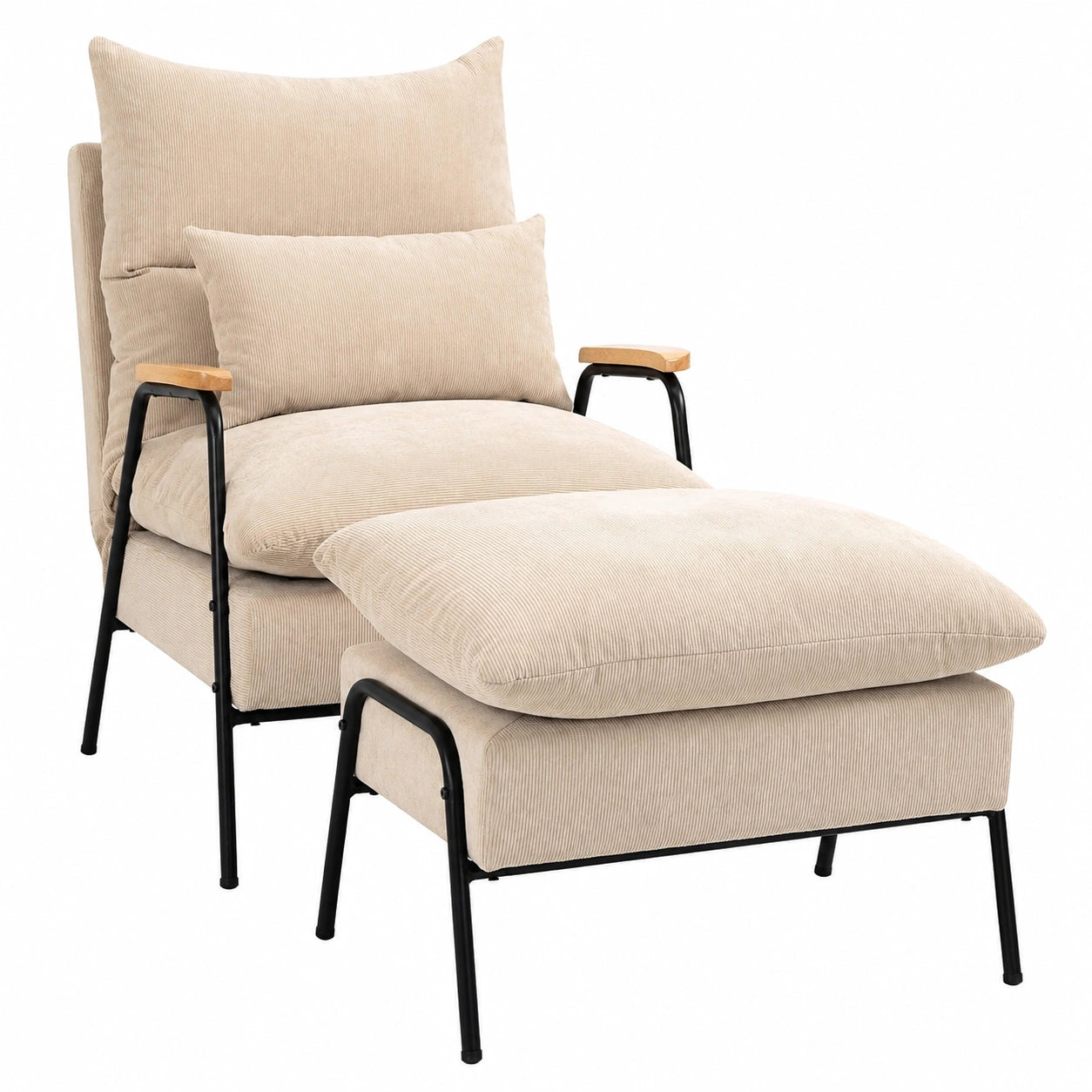 Fauteuil relax, en acier et velours côtelé, coloris noir et beige, pour le salon